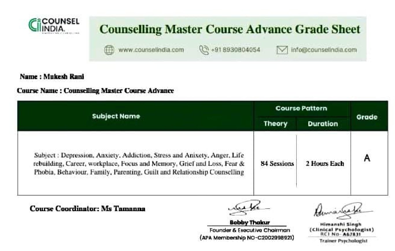 Counseling Course Completion